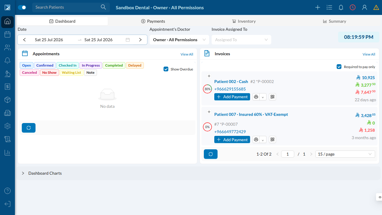 The owner dashboard on the branch sandbox: rich demo data — outstanding invoices for