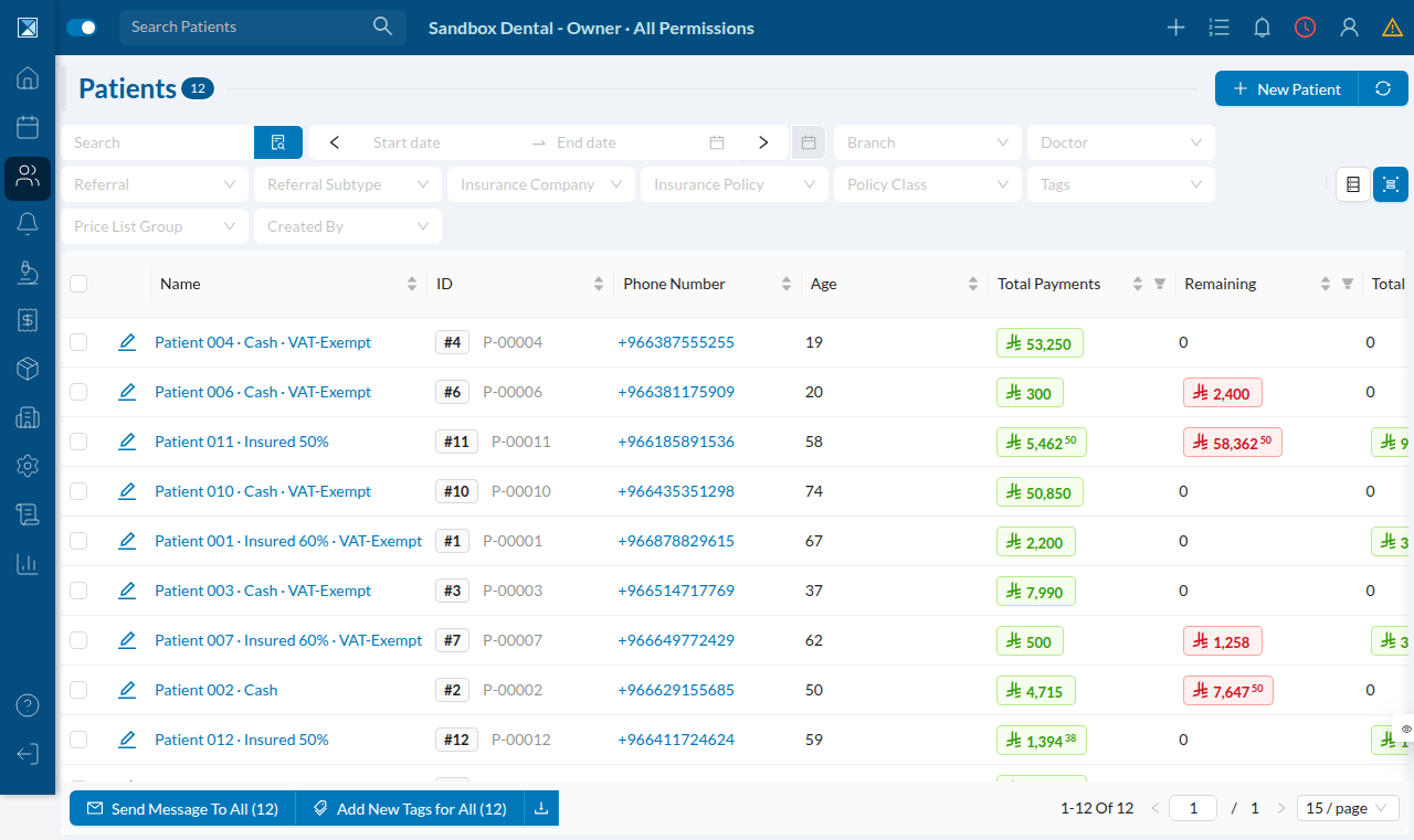 The Patients list on the branch sandbox — the kind of screen a QA Story's repro steps walk through.