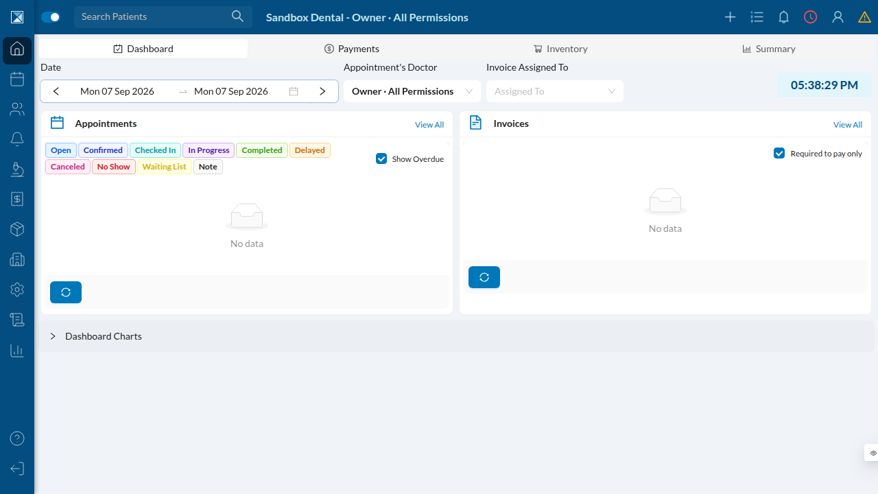 Clinic dashboard in the PR sandbox — appointments and invoices for the day