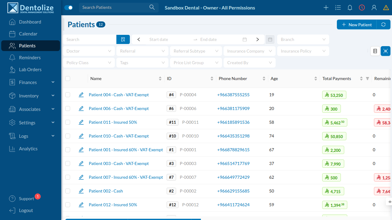 Patients list screen in the PR sandbox