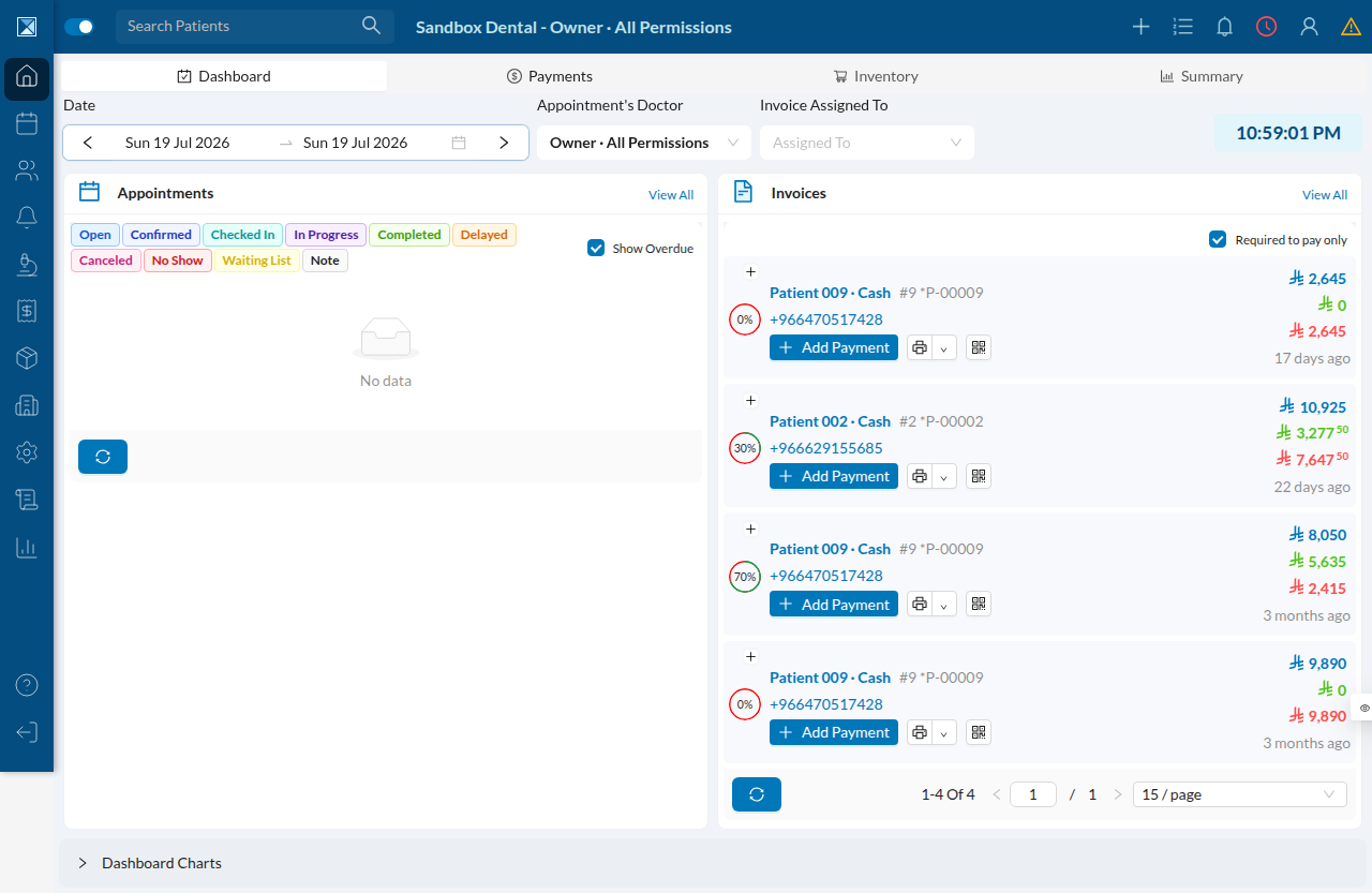 The seeded clinic dashboard — invoices with descriptive patient names, payment progress, and history stretching back months.