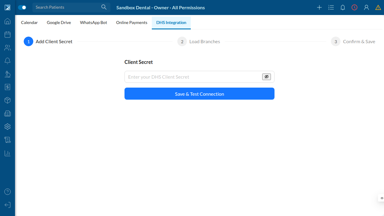 The DHS Integration settings tab, showing step 1 of the setup wizard: a Client Secret field and a Save & Test Connection button