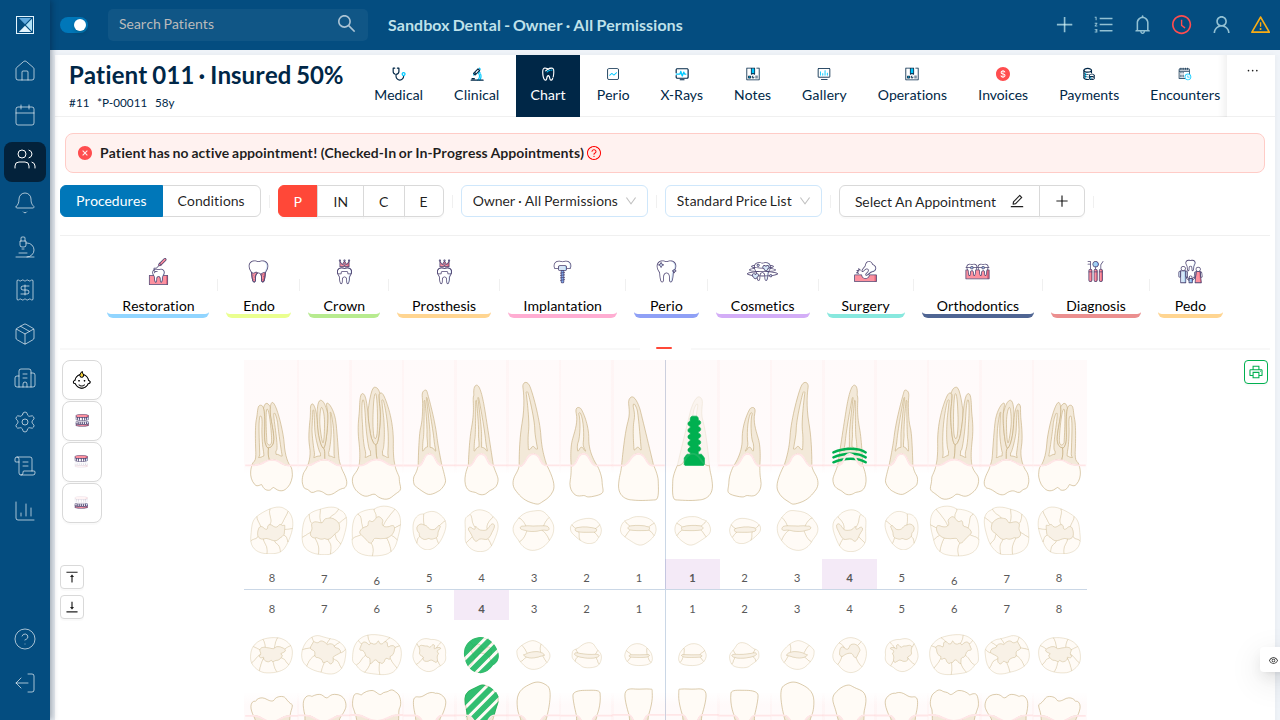 A patient's dental chart. The DHS approval-submission and manual-update actions attach to the operations table shown here once the branch is DHS-connected