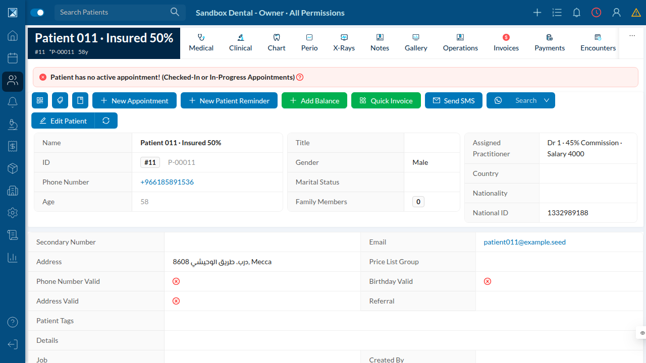 A patient profile page. The DHS check-insurance and check-eligibility actions would appear in this action row, but require the clinic's branch to be mapped to a DHS branch code first