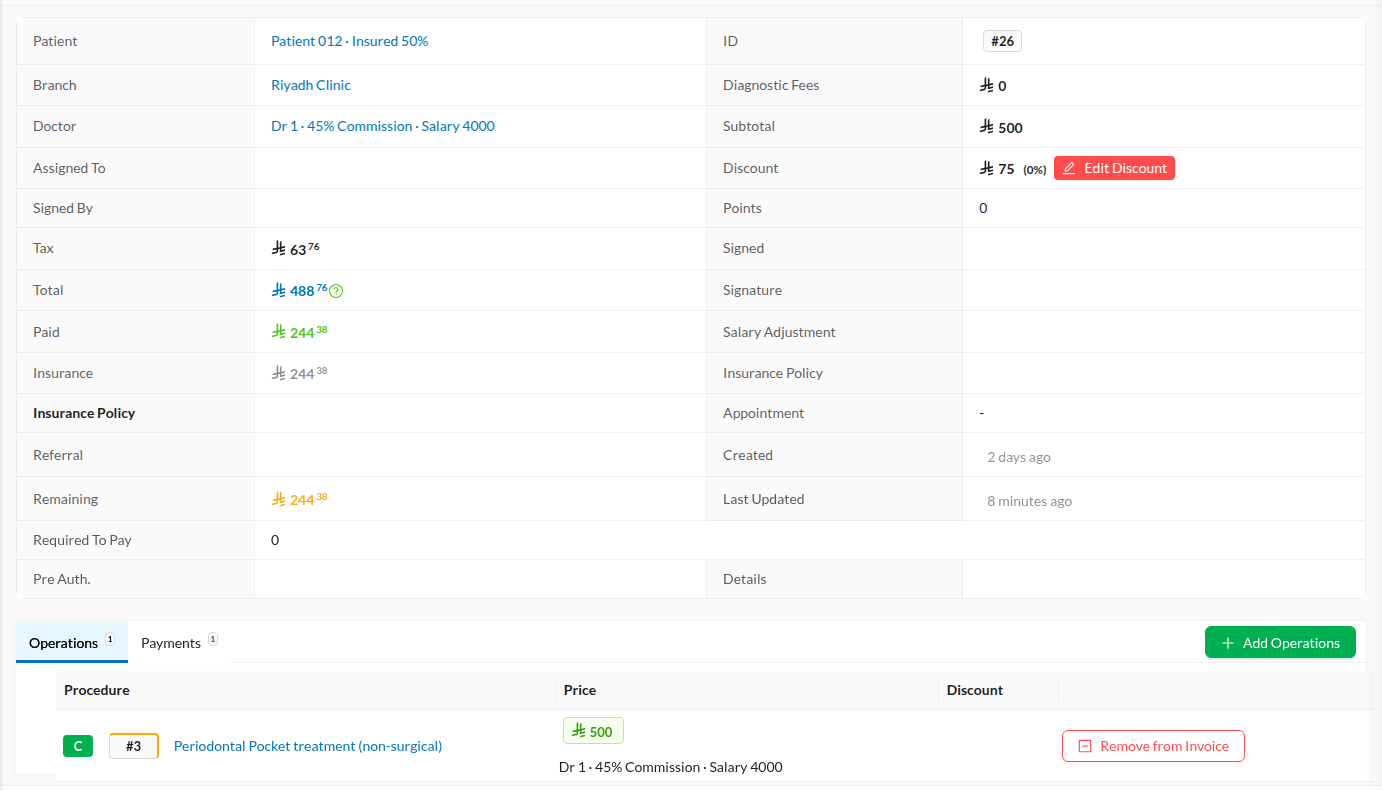 One invoice expanded: Subtotal ₺500, Discount ₺75, Tax ₺63.76, Total ₺488.76.