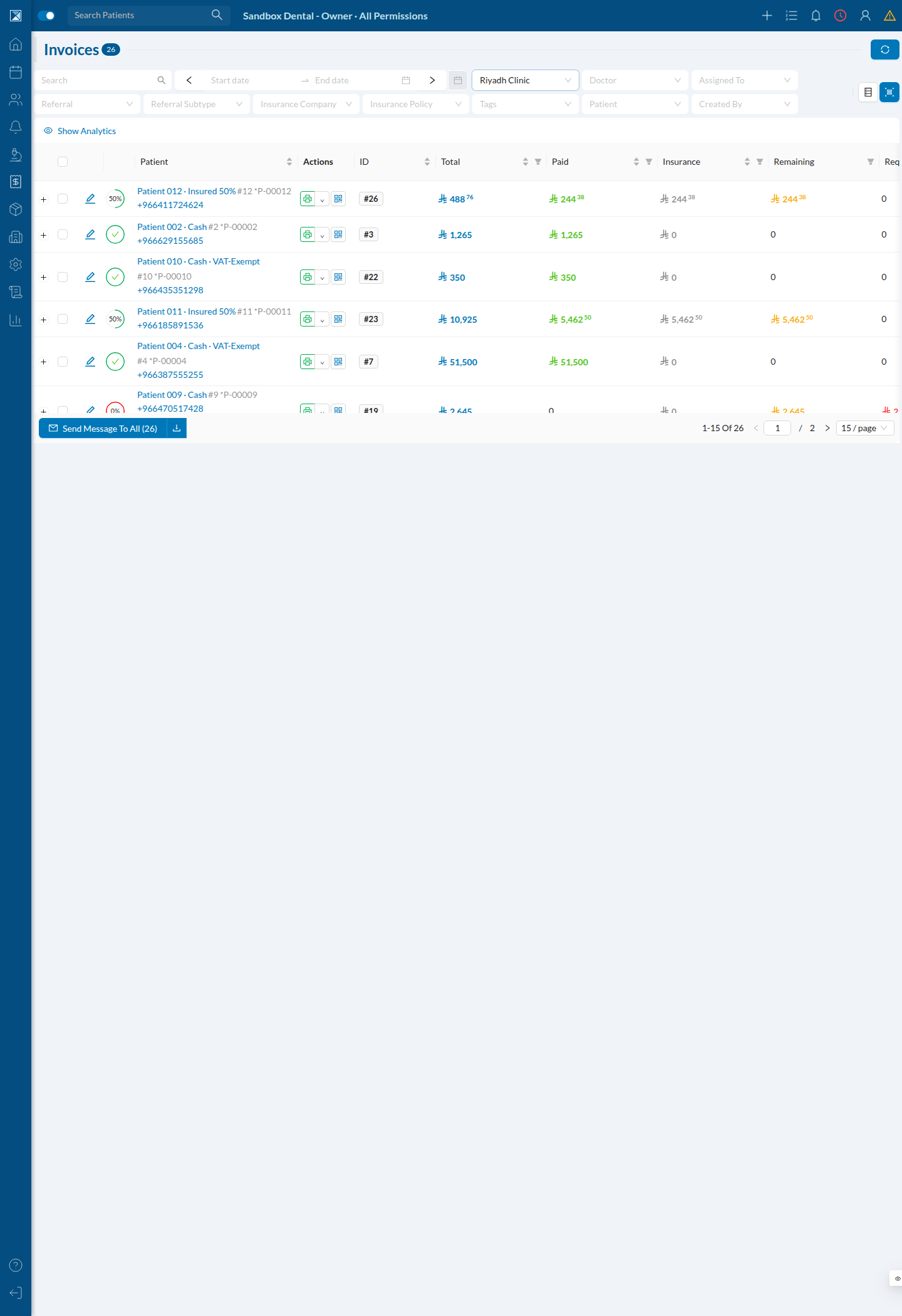 The invoices table with the analytics bar hidden — note the