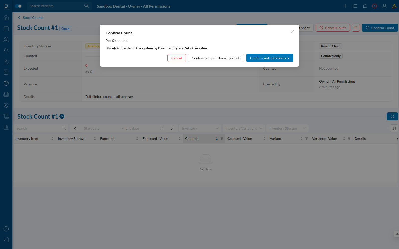Confirm Count modal with the two explicit outcomes