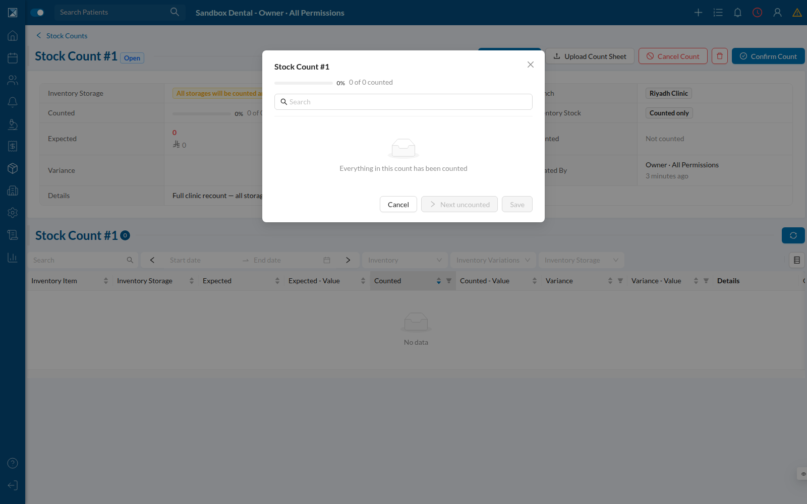 Start Count modal — guided counting flow, showing the empty-queue end state