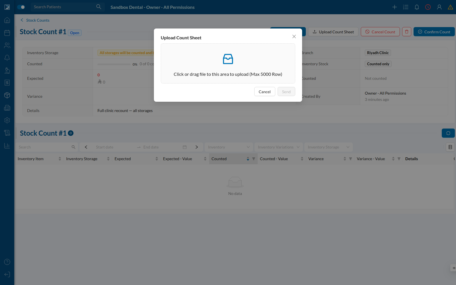 Upload Count Sheet modal, drag-and-drop file target