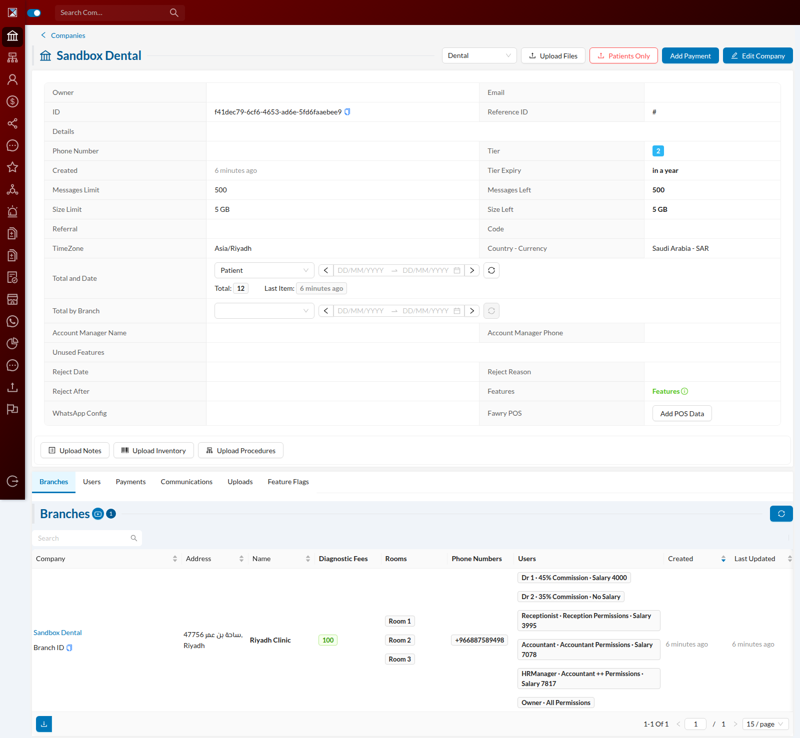 The Sandbox Dental company detail page. Reference ID shows only a '#' placeholder and is empty. Tier Expiry reads 'in a year'. Account Manager Name, Account Manager Phone and Unused Features are all blank.