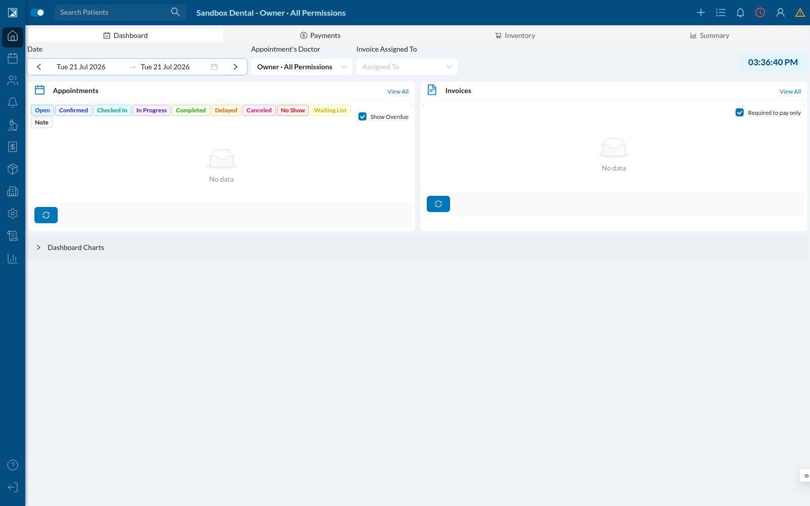 The Dentolize clinic dashboard for Sandbox Dental, with the left navigation showing Calendar, Patients, Reminders, Lab Orders, Finances, Inventory, Associates, Settings, Logs and Analytics.