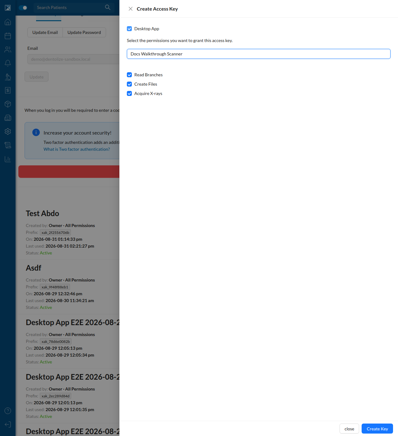 Create Access Key drawer with Desktop App checked, all three current scopes (Read Branches, Create Files, Acquire X-rays) selected, and a label entered