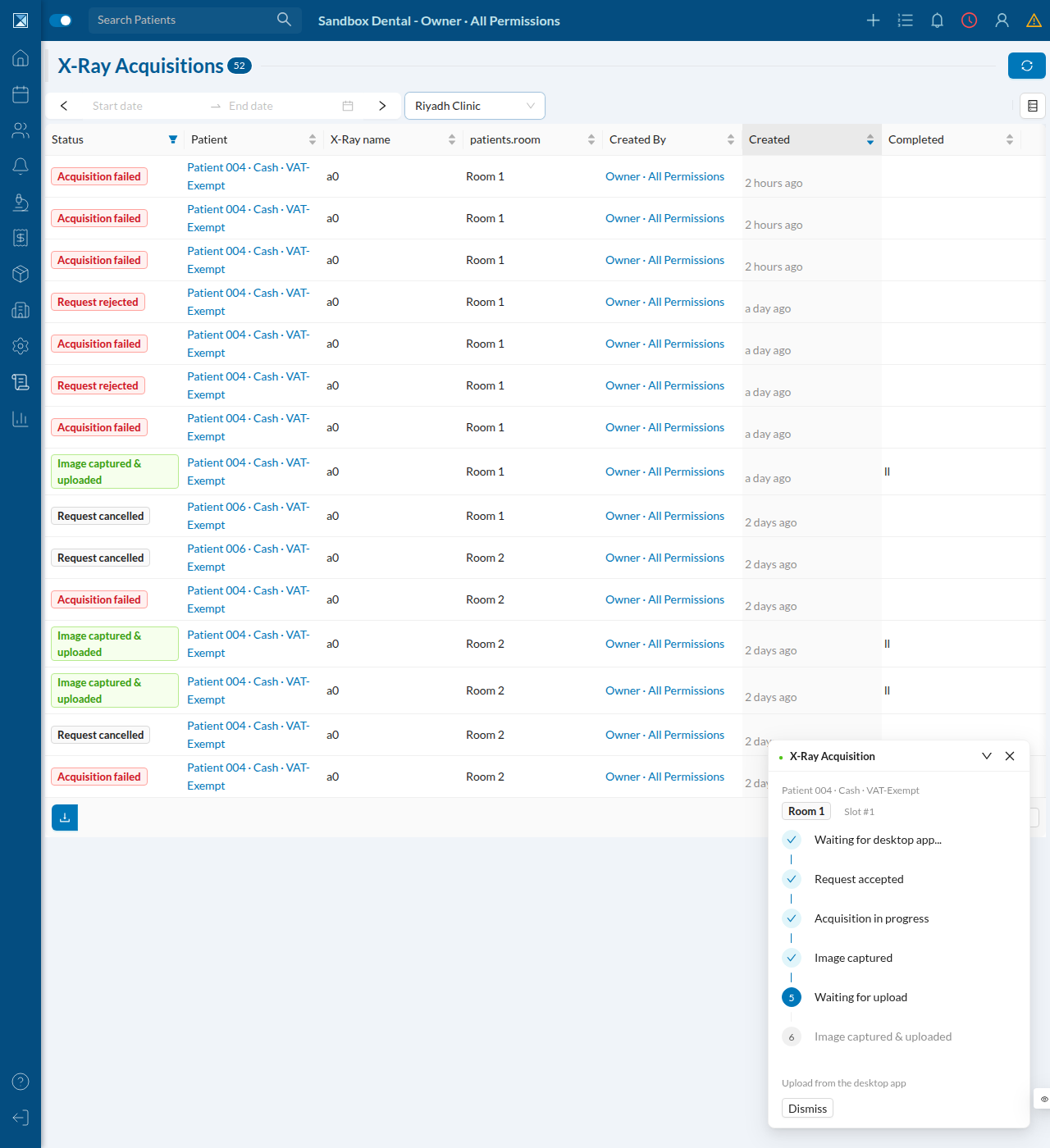 X-Ray Acquisitions log table with 52 real rows showing statuses like Acquisition failed, Request rejected, Request cancelled, and Image captured & uploaded